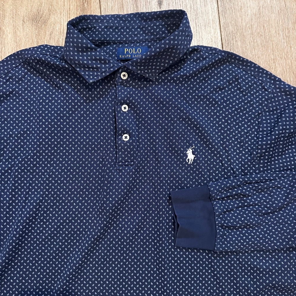Polo Ralph Lauren Mens XL Navy Blue Paisley Long Sleeve Polo Shirt Classic Fit